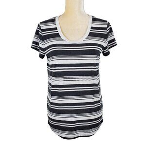 FIG Voyage White Gray Stripe Stretch Recycled Poly Scoop Neck Short Sleeve Top S